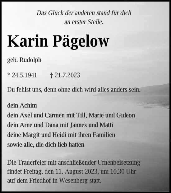 Traueranzeige von Karin Pägelow von Strelitzer Zeitung