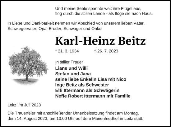 Traueranzeige von Karl-Heinz Beitz von Vorpommern Kurier