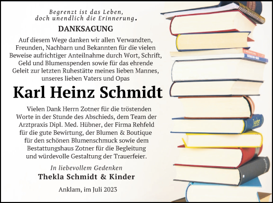 Traueranzeige von Karl Heinz Schmidt von Vorpommern Kurier