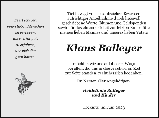 Traueranzeige von Klaus Balleyer von Pasewalker Zeitung