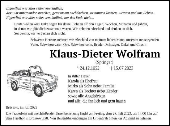 Traueranzeige von Klaus-Dieter Wolfram von Prenzlauer Zeitung