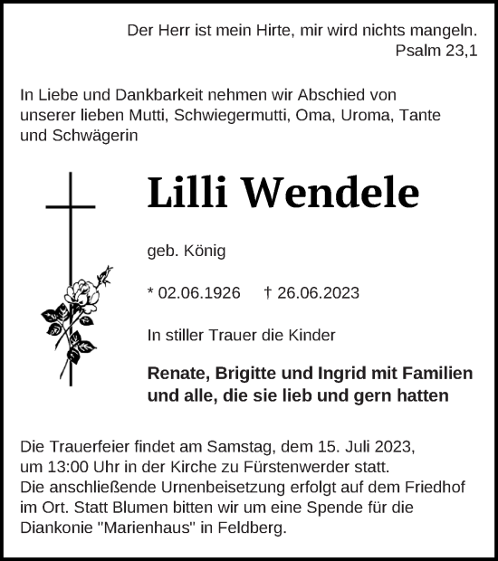 Traueranzeige von Lilli Wendele von Prenzlauer Zeitung