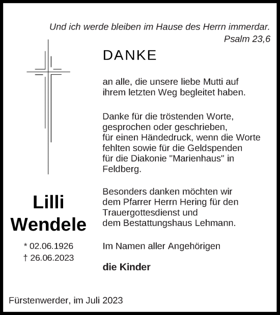 Traueranzeige von Lilli Wendele von Prenzlauer Zeitung