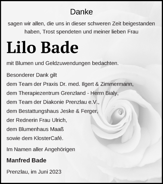 Traueranzeige von Lilo Bade von Prenzlauer Zeitung