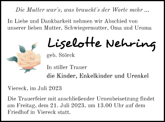 Traueranzeige von Liselotte Nehring von Pasewalker Zeitung