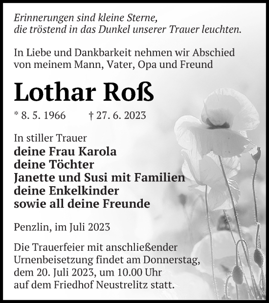 Traueranzeige von Lothar Roß von Strelitzer Zeitung