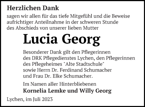 Traueranzeige von Lucia Georg von Templiner Zeitung