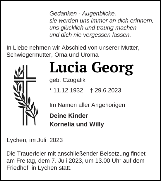 Traueranzeige von Lucia Georg von Templiner Zeitung