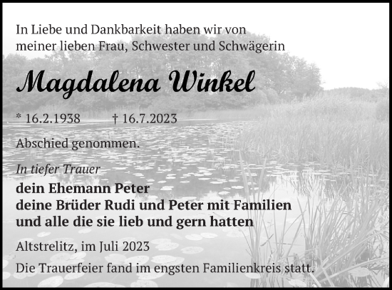 Traueranzeige von Magdalena Winkel von Strelitzer Zeitung