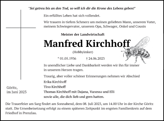 Traueranzeige von Manfred Kirchhoff von Prenzlauer Zeitung