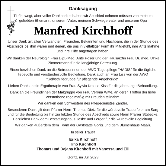 Traueranzeige von Manfred Kirchhoff von Prenzlauer Zeitung