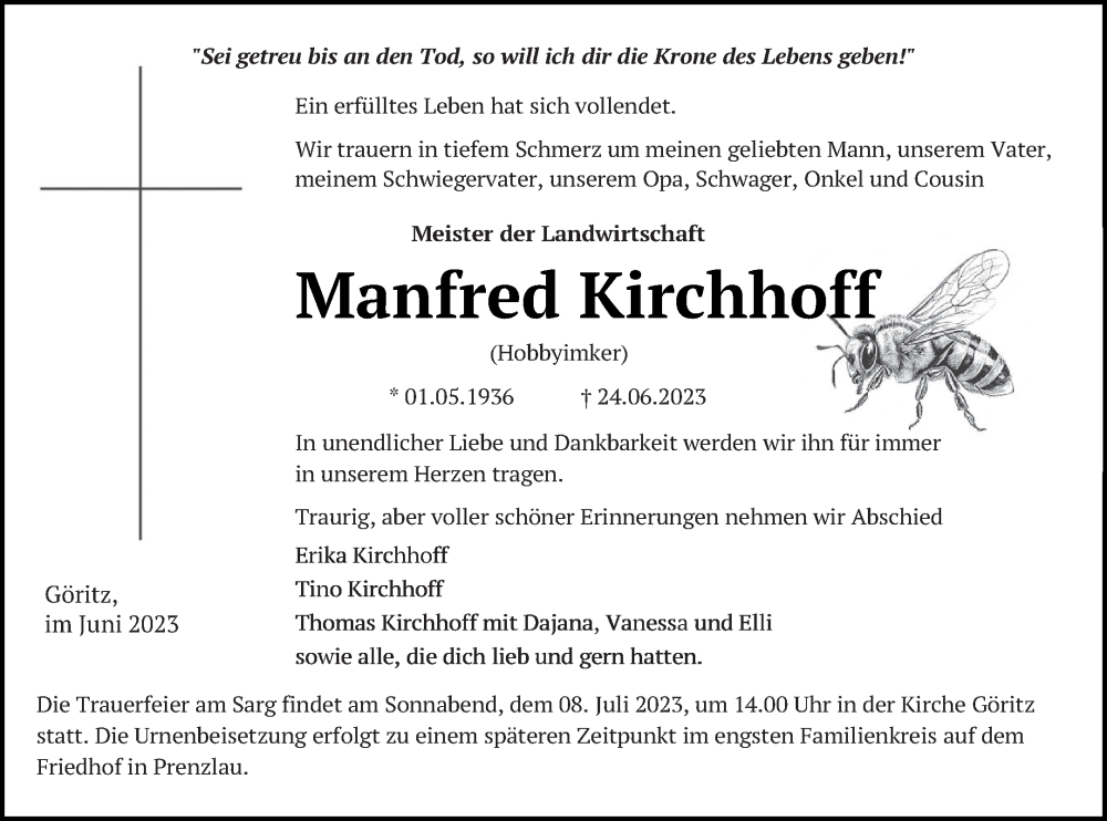  Traueranzeige für Manfred Kirchhoff vom 01.07.2023 aus Prenzlauer Zeitung