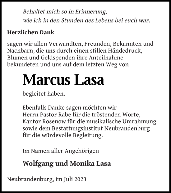 Traueranzeige von Marcus Lasa von Neubrandenburger Zeitung