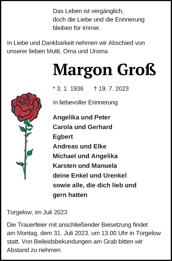 Traueranzeige von Margon Groß von Haff-Zeitung