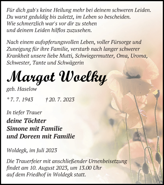 Traueranzeige von Margot Woelky von Strelitzer Zeitung