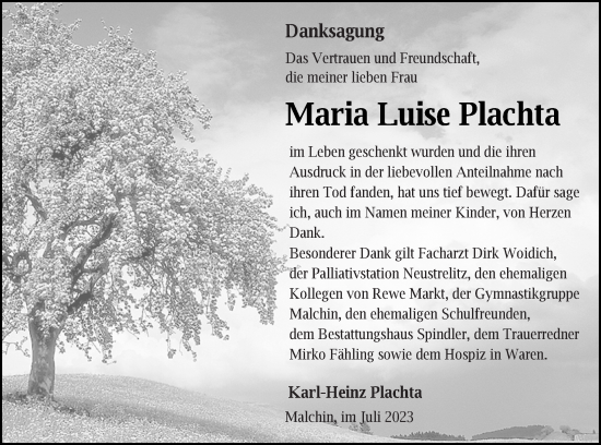 Traueranzeige von Maria Luise Plachta von Mecklenburger Schweiz