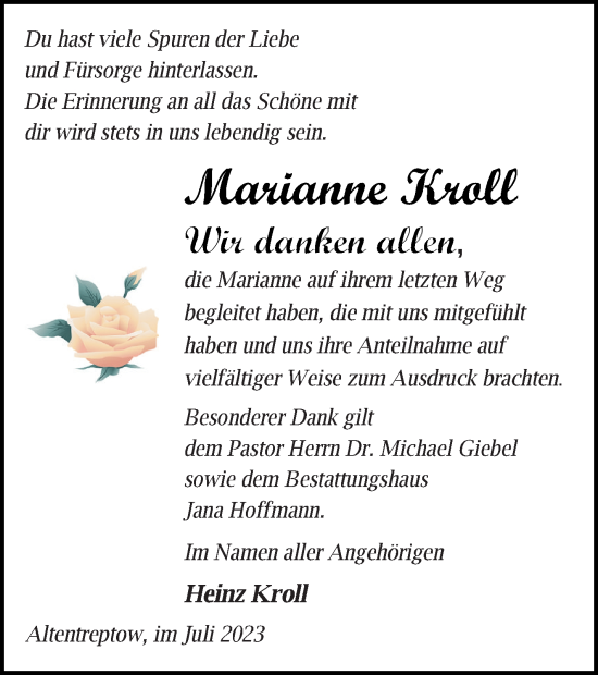 Traueranzeige von Marianne Kroll von Neubrandenburger Zeitung