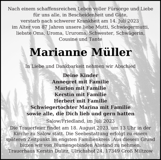 Traueranzeige von Marianne Müller von Neubrandenburger Zeitung