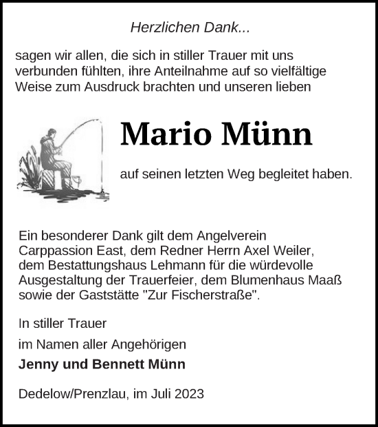 Traueranzeige von Mario Münn von Prenzlauer Zeitung