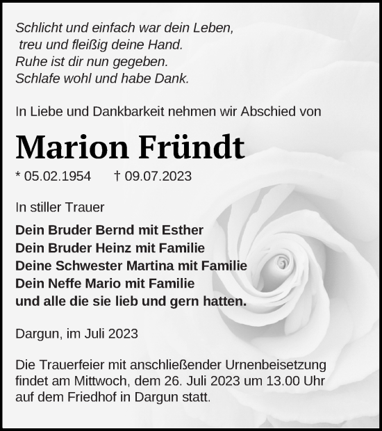 Traueranzeige von Marion Fründt von Mecklenburger Schweiz