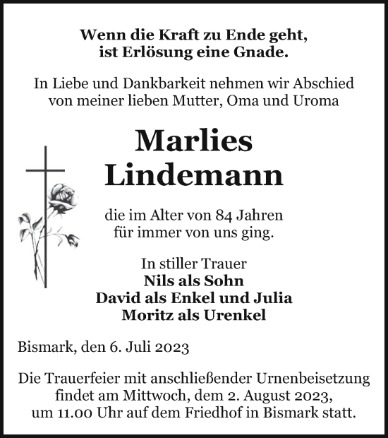 Traueranzeige von Marlies Lindemann von Pasewalker Zeitung