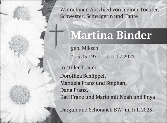 Traueranzeige von Martina Binder von Mecklenburger Schweiz