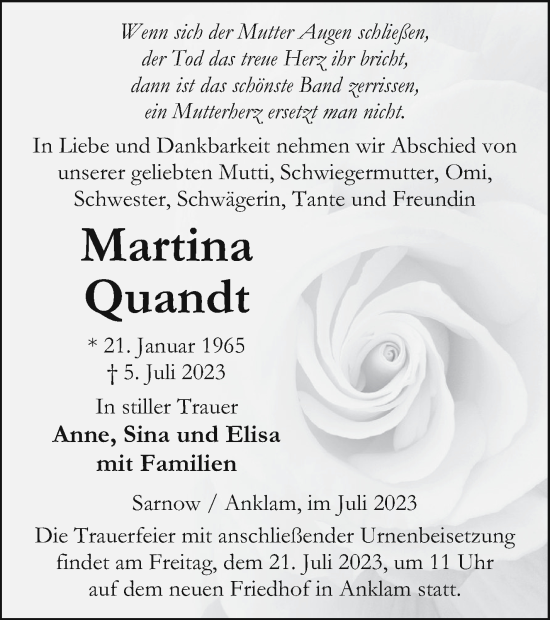 Traueranzeige von Martina Quandt von Vorpommern Kurier