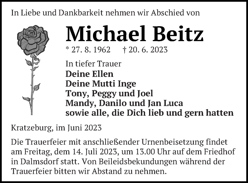  Traueranzeige für Michael Beitz vom 01.07.2023 aus Strelitzer Zeitung