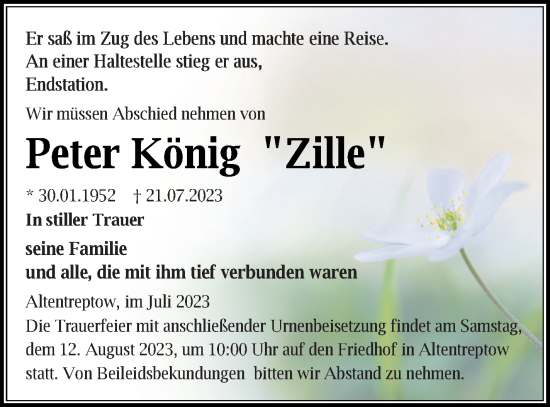 Traueranzeige von Peter König von Neubrandenburger Zeitung