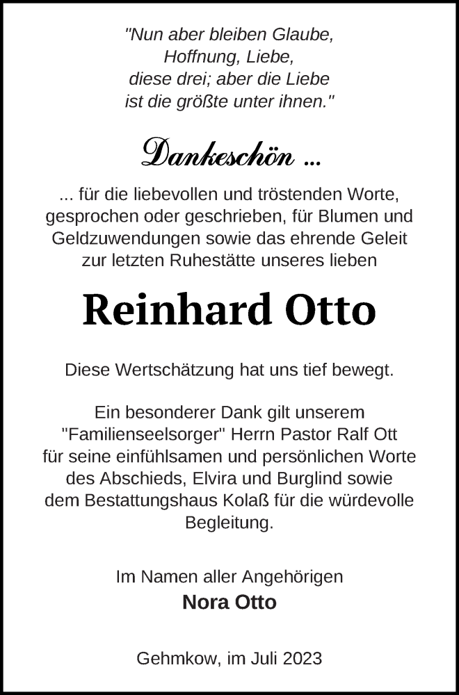  Traueranzeige für Reinhard Otto vom 22.07.2023 aus Demminer Zeitung