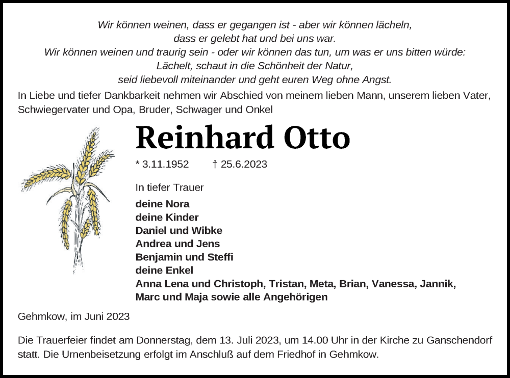  Traueranzeige für Reinhard Otto vom 30.06.2023 aus Demminer Zeitung