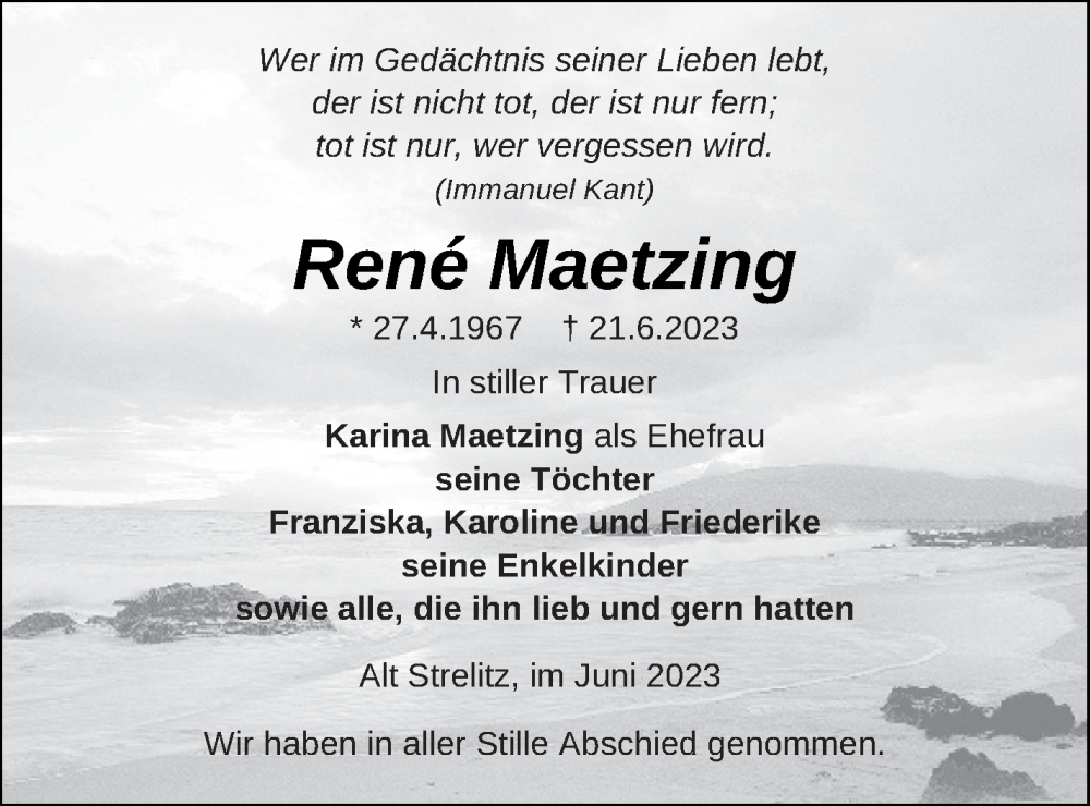  Traueranzeige für Rene Maetzing vom 07.07.2023 aus Strelitzer Zeitung