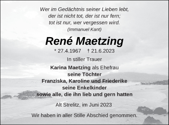 Traueranzeige von Rene Maetzing von Strelitzer Zeitung