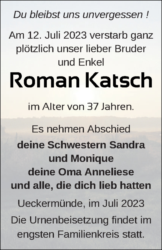 Traueranzeige von Roman Katsch von Haff-Zeitung