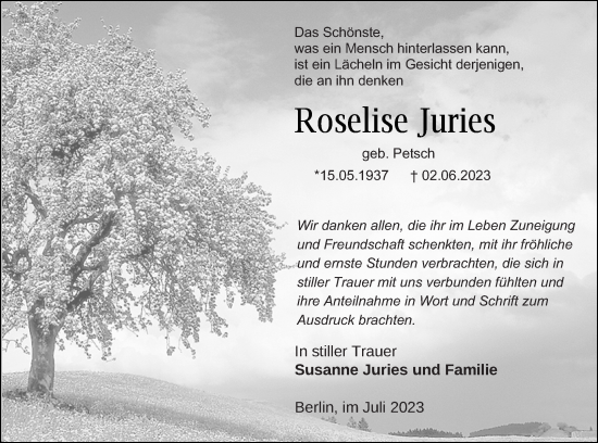 Traueranzeige von Roselise Juries von Neubrandenburger Zeitung