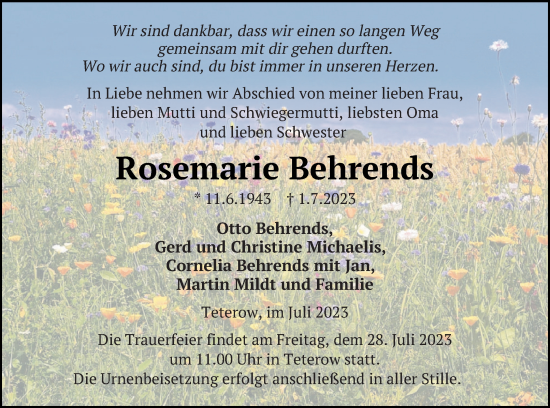 Traueranzeige von Rosemarie Behrends von Mecklenburger Schweiz