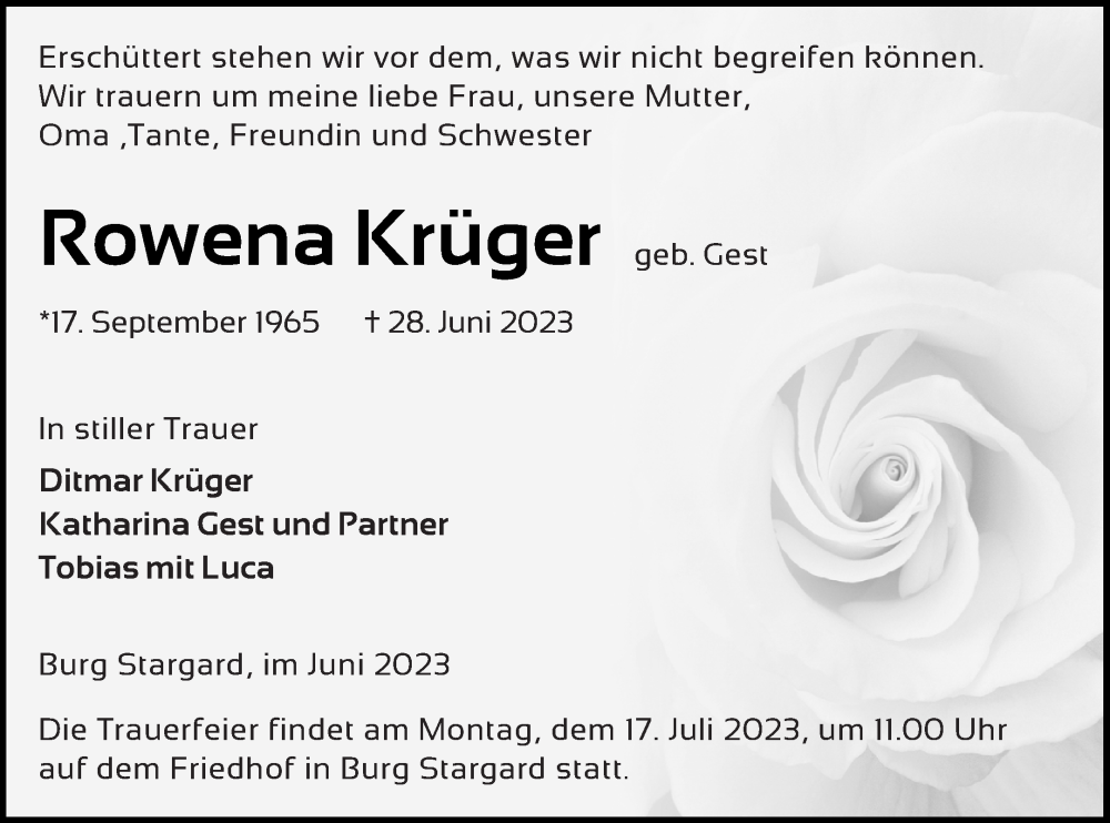  Traueranzeige für Rowena Krüger vom 06.07.2023 aus Neubrandenburger Zeitung