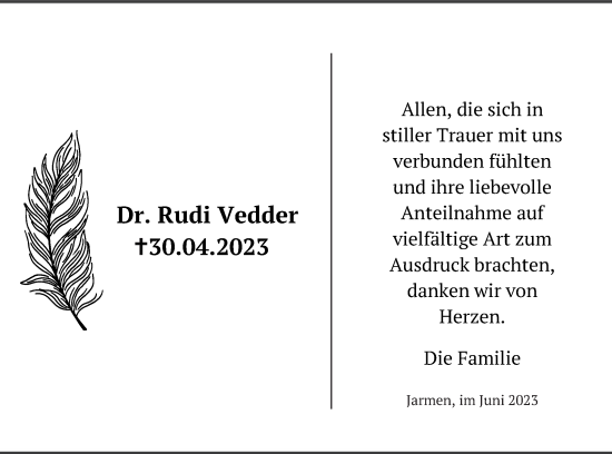 Traueranzeige von Rudi Vedder von Vorpommern Kurier