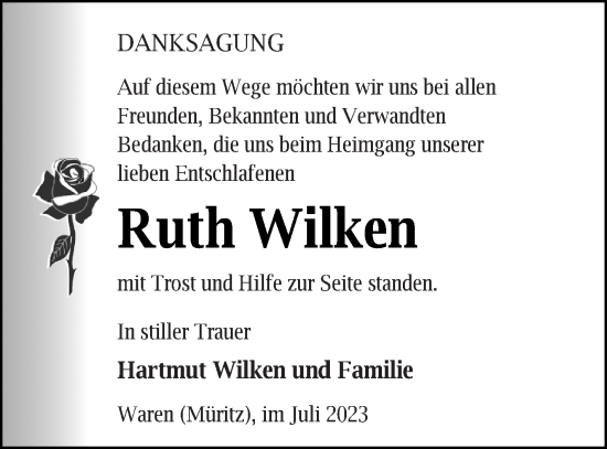 Traueranzeige von Ruth Wilken von Müritz-Zeitung