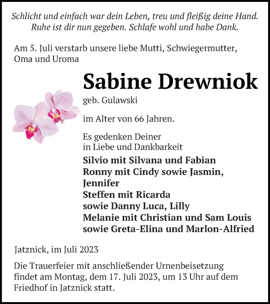 Traueranzeige von Sabine Drewniok von Haff-Zeitung