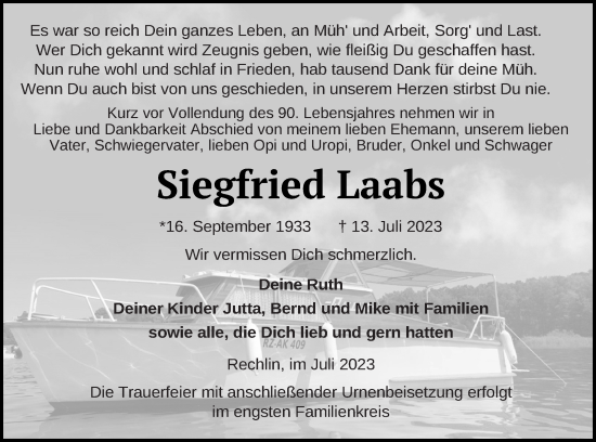 Traueranzeige von Siegfried Laabs von Müritz-Zeitung