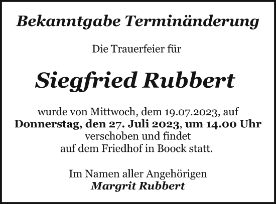 Traueranzeige von Siegfried Rubbert von Pasewalker Zeitung