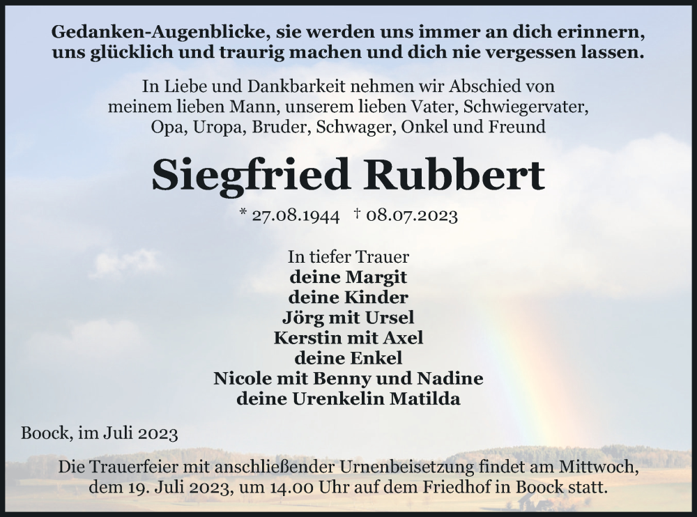  Traueranzeige für Siegfried Rubbert vom 12.07.2023 aus Pasewalker Zeitung