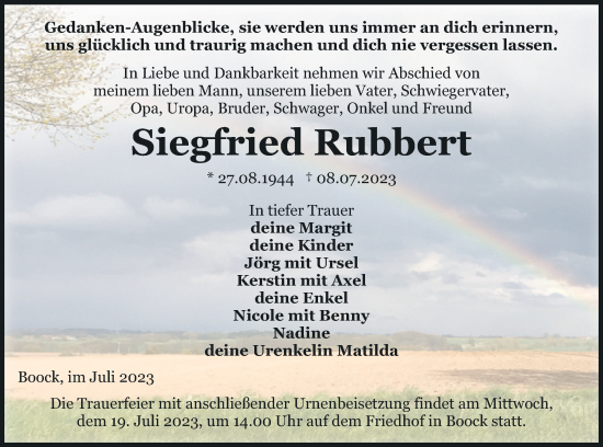 Traueranzeige von Siegfried Rubbert von Pasewalker Zeitung