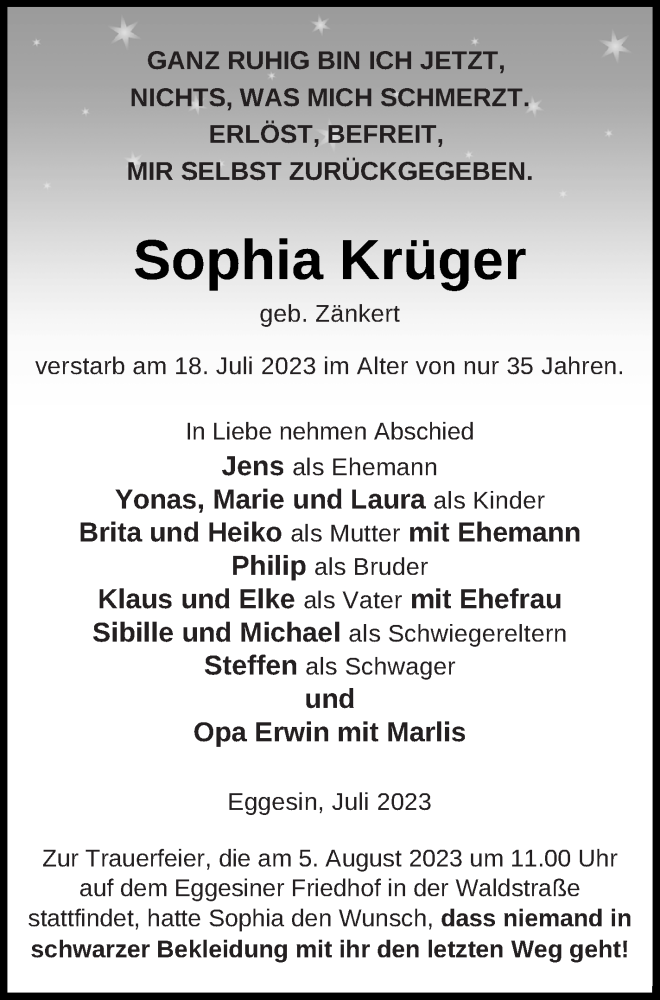  Traueranzeige für Sophia Krüger vom 22.07.2023 aus Haff-Zeitung