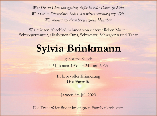 Traueranzeige von Sylvia Brinkmann von Vorpommern Kurier