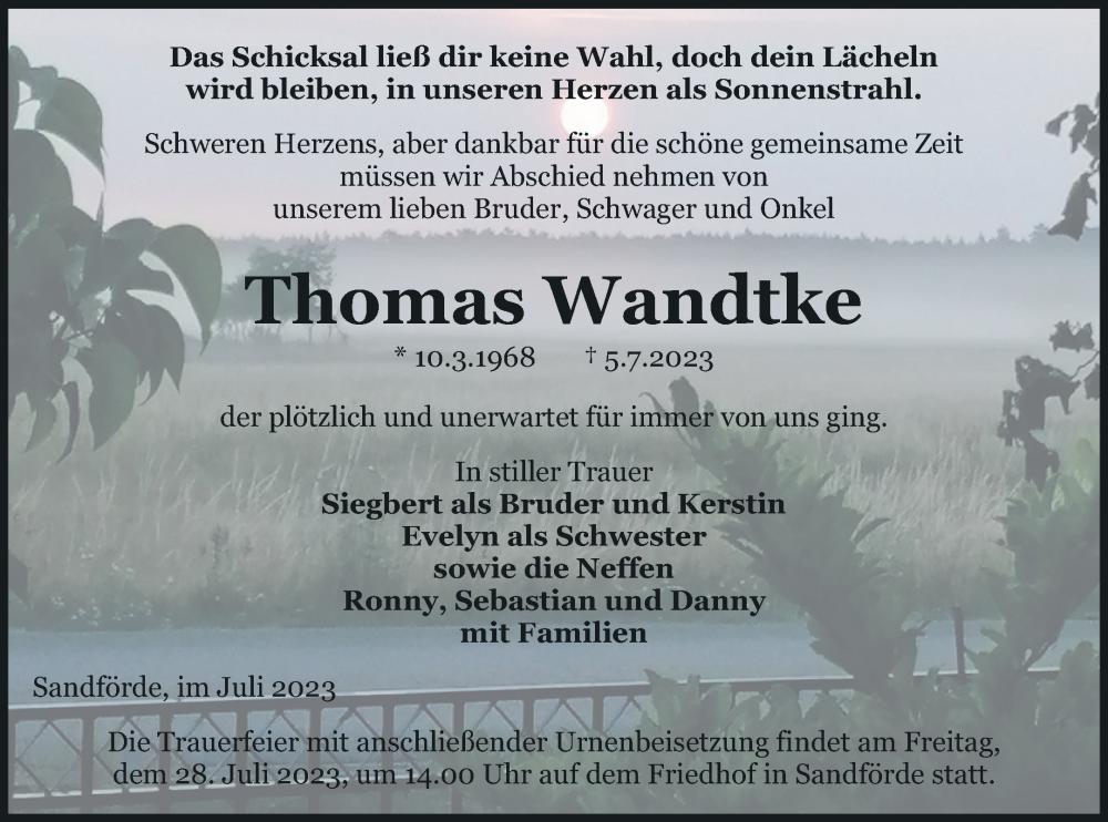  Traueranzeige für Thomas Wandtke vom 11.07.2023 aus Haff-Zeitung