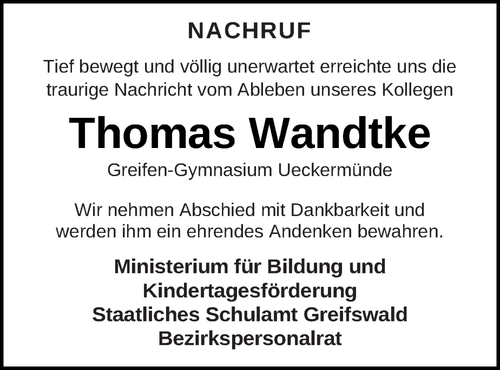  Traueranzeige für Thomas Wandtke vom 29.07.2023 aus Pasewalker Zeitung