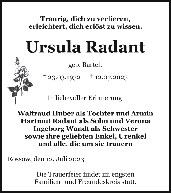 Traueranzeige von Ursula Radant von Pasewalker Zeitung