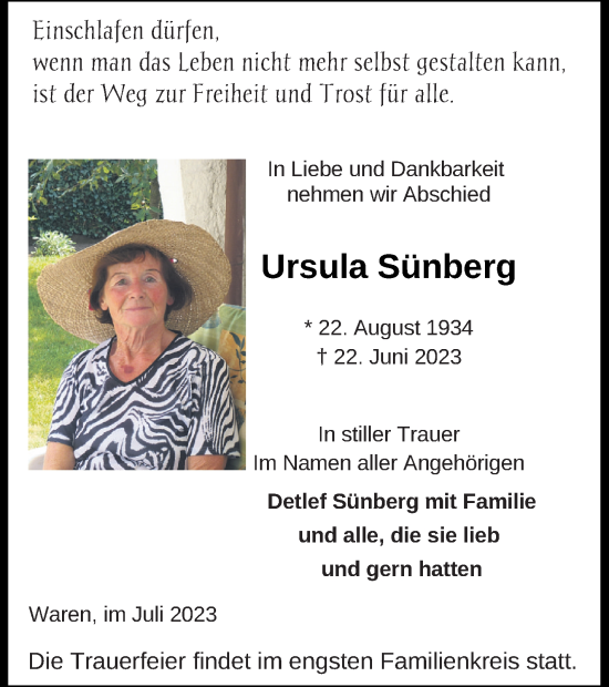 Traueranzeige von Ursula Sünberg von Müritz-Zeitung